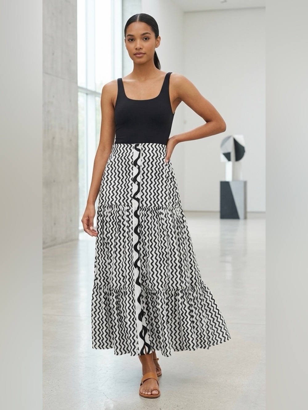 Oliphant Black/white Wavy Rik-Rak Trim Cotton button Tiered A-Line Maxi Skirt S